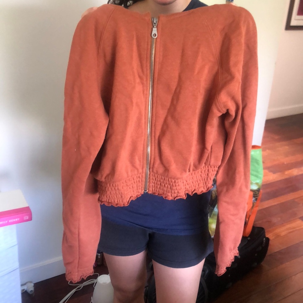 burnt orange zip up sweater